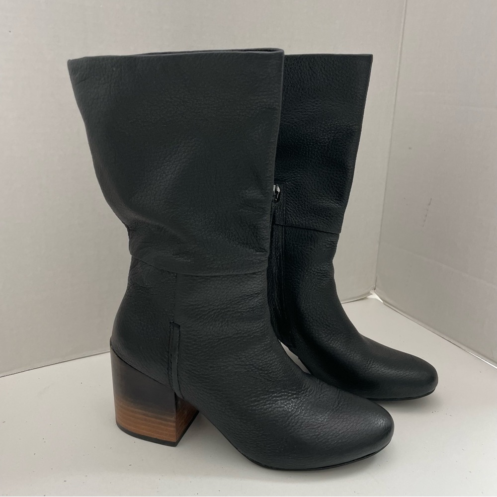 Levity Boots Betty Mid Calf Pebbled Soft Leather Stacked Heeled Pull On Black
